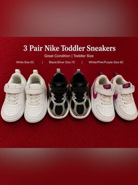 Nike Kids Sneakers Trio in White, Black, and Pink